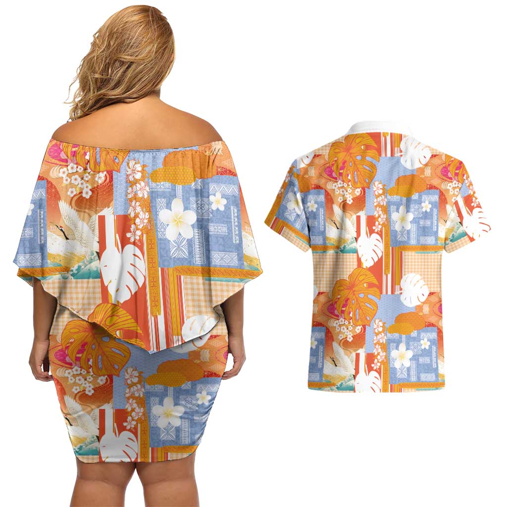 Hawaiian and Japanese Culture Together Couples Matching Off Shoulder Short Dress and Hawaiian Shirt Palaka Japanese Art and Tropical Motif Tribal Patchwork