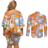 Hawaiian and Japanese Culture Together Couples Matching Off Shoulder Short Dress and Long Sleeve Button Shirt Palaka Japanese Art and Tropical Motif Tribal Patchwork