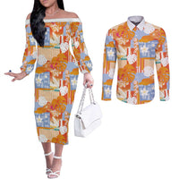 Hawaiian and Japanese Culture Together Couples Matching Off The Shoulder Long Sleeve Dress and Long Sleeve Button Shirt Palaka Japanese Art and Tropical Motif Tribal Patchwork