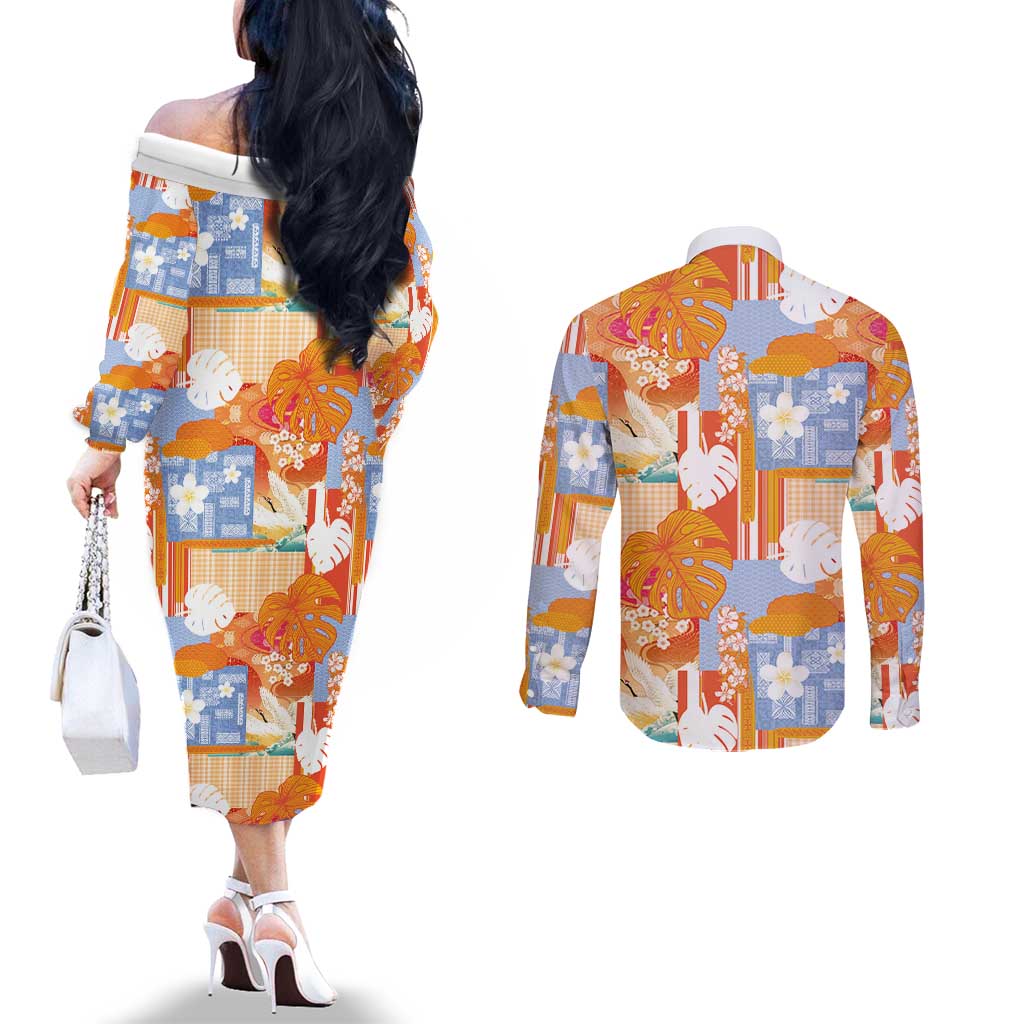 Hawaiian and Japanese Culture Together Couples Matching Off The Shoulder Long Sleeve Dress and Long Sleeve Button Shirt Palaka Japanese Art and Tropical Motif Tribal Patchwork