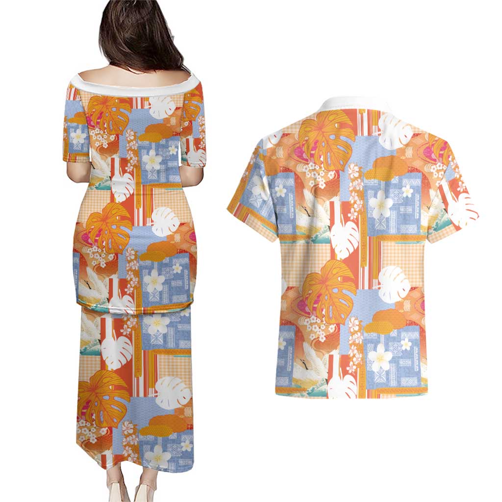 Hawaiian and Japanese Culture Together Couples Matching Puletasi and Hawaiian Shirt Palaka Japanese Art and Tropical Motif Tribal Patchwork