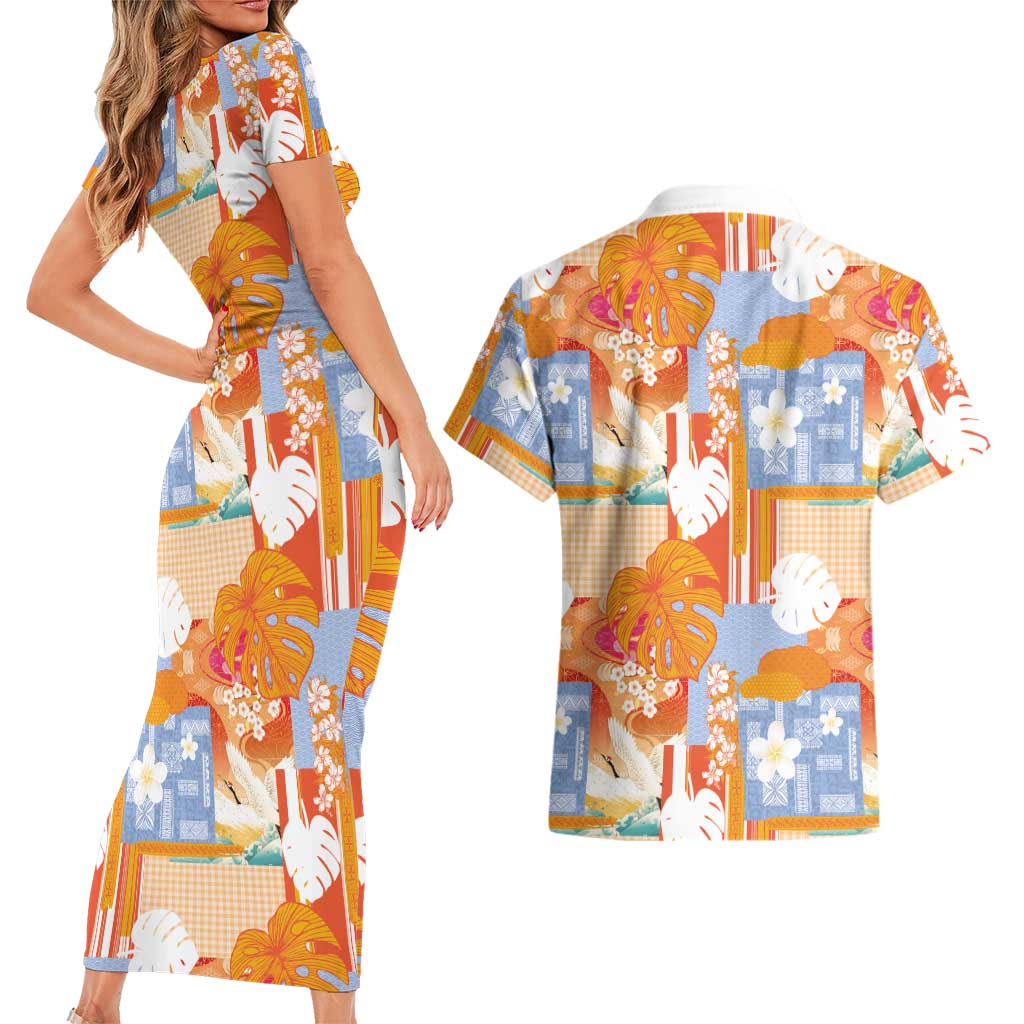 Hawaiian and Japanese Culture Together Couples Matching Short Sleeve Bodycon Dress and Hawaiian Shirt Palaka Japanese Art and Tropical Motif Tribal Patchwork