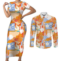 Hawaiian and Japanese Culture Together Couples Matching Short Sleeve Bodycon Dress and Long Sleeve Button Shirt Palaka Japanese Art and Tropical Motif Tribal Patchwork