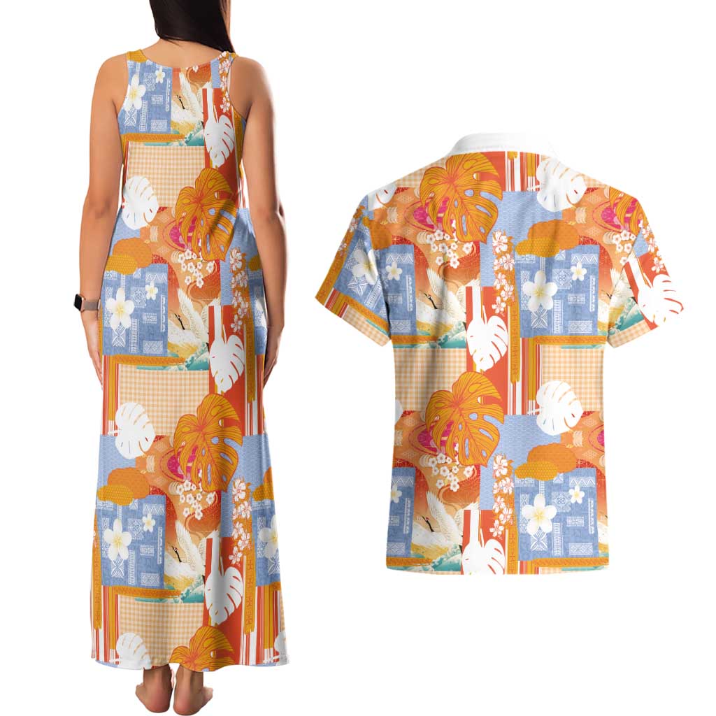 Hawaiian and Japanese Culture Together Couples Matching Tank Maxi Dress and Hawaiian Shirt Palaka Japanese Art and Tropical Motif Tribal Patchwork