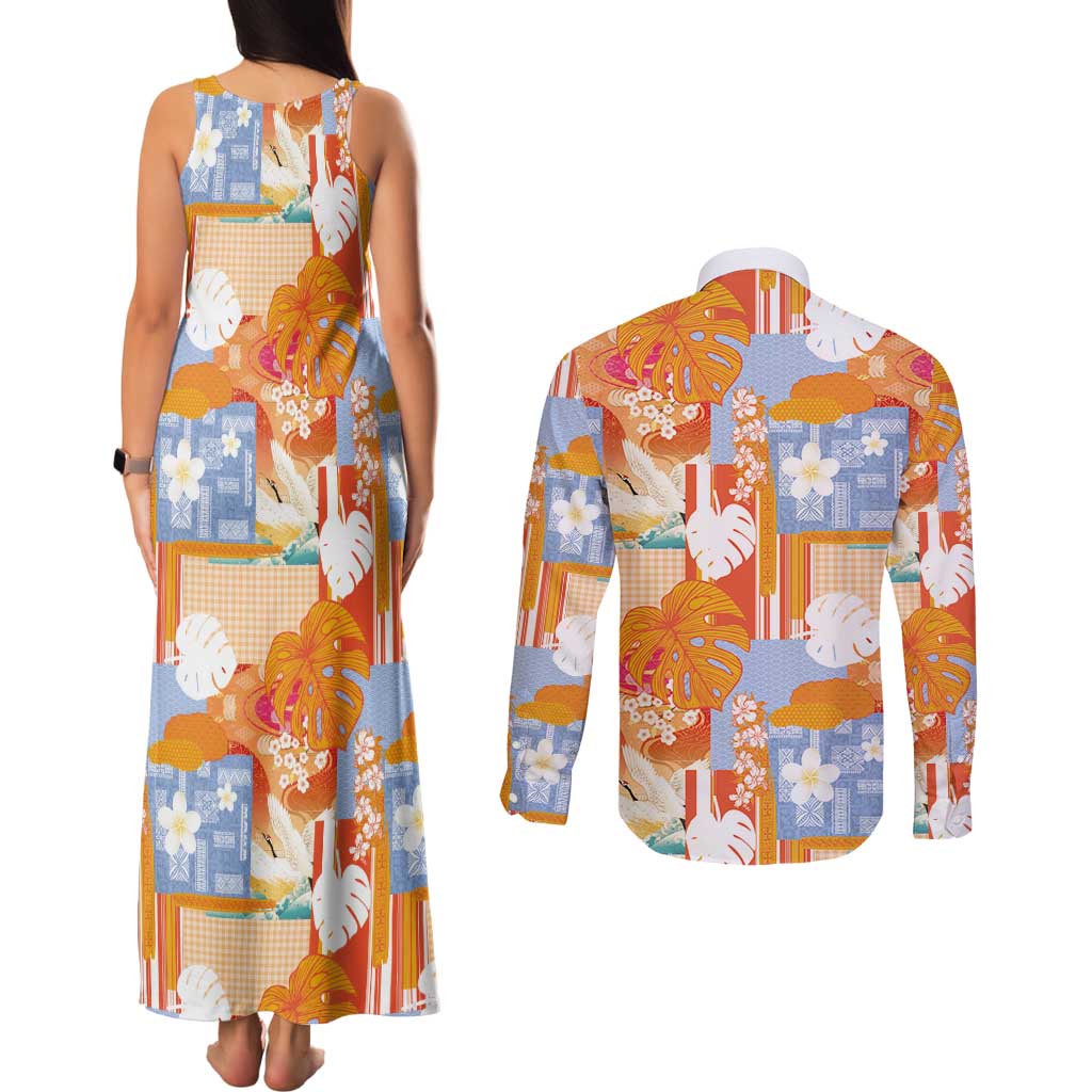 Hawaiian and Japanese Culture Together Couples Matching Tank Maxi Dress and Long Sleeve Button Shirt Palaka Japanese Art and Tropical Motif Tribal Patchwork