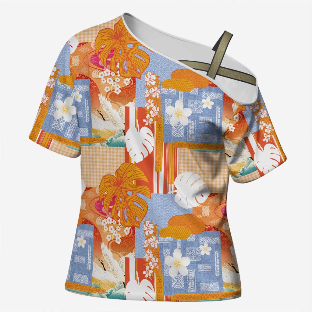Hawaiian and Japanese Culture Together Cross Shoulder Shirt Palaka Japanese Art and Tropical Motif Tribal Patchwork LT03 Female Multicolor - Polynesian Pride