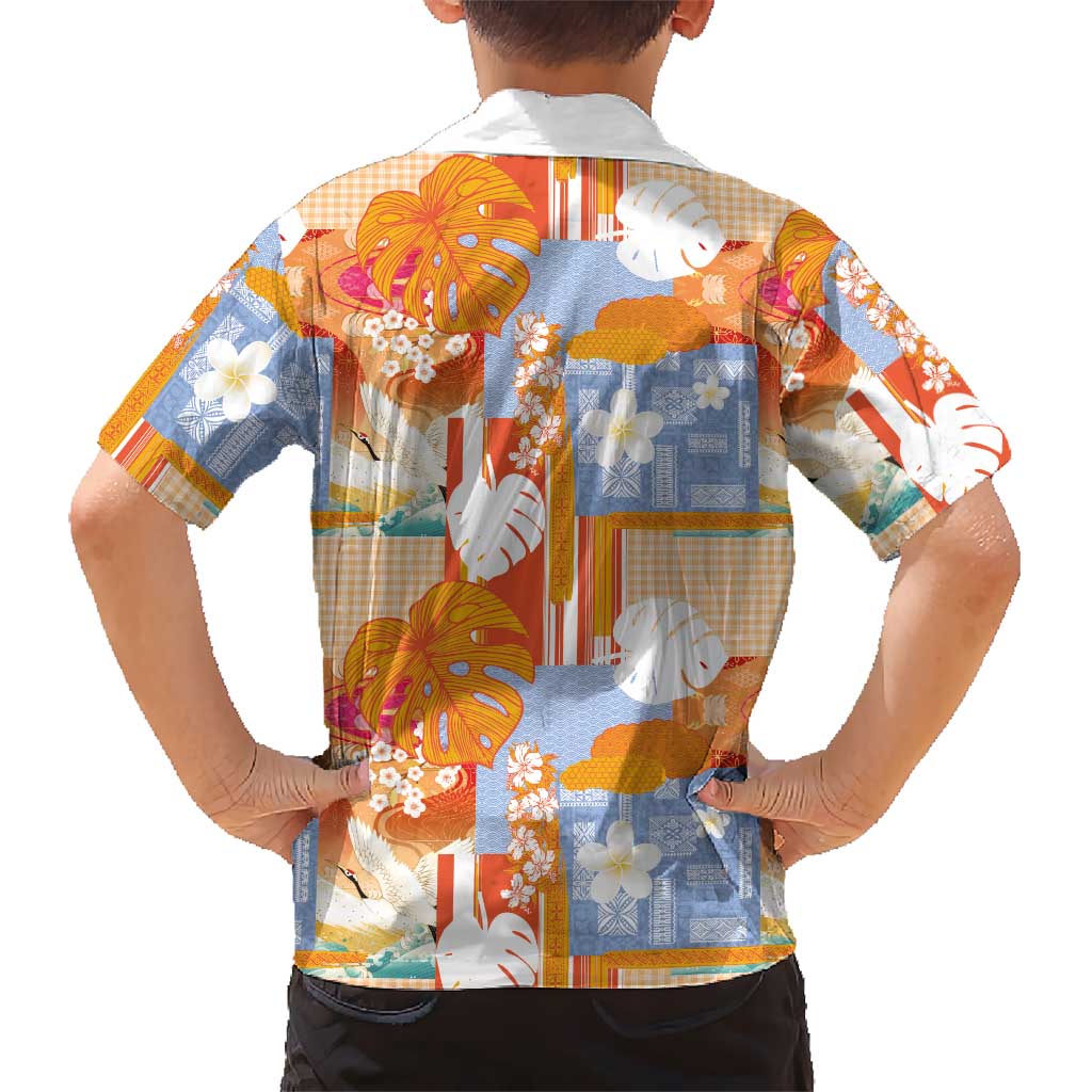 Hawaiian and Japanese Culture Together Family Matching Off The Shoulder Long Sleeve Dress and Hawaiian Shirt Palaka Japanese Art and Tropical Motif Tribal Patchwork