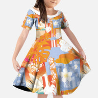 Hawaiian and Japanese Culture Together Family Matching Off The Shoulder Long Sleeve Dress and Hawaiian Shirt Palaka Japanese Art and Tropical Motif Tribal Patchwork