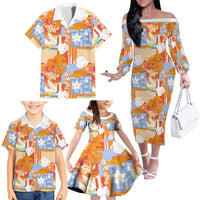 Hawaiian and Japanese Culture Together Family Matching Off The Shoulder Long Sleeve Dress and Hawaiian Shirt Palaka Japanese Art and Tropical Motif Tribal Patchwork