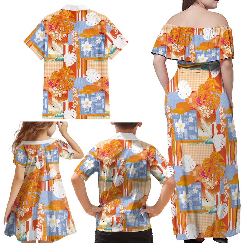 Hawaiian and Japanese Culture Together Family Matching Off Shoulder Maxi Dress and Hawaiian Shirt Palaka Japanese Art and Tropical Motif Tribal Patchwork