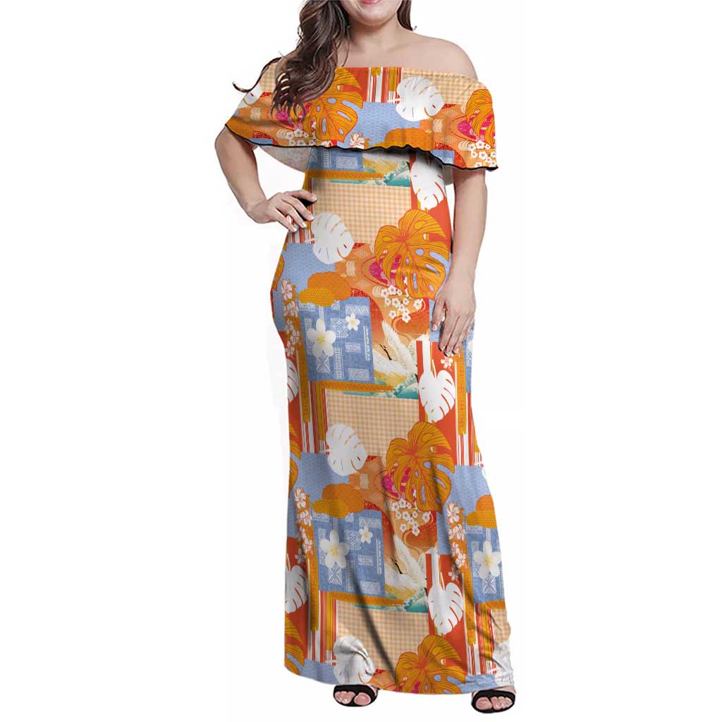 Hawaiian and Japanese Culture Together Family Matching Off Shoulder Maxi Dress and Hawaiian Shirt Palaka Japanese Art and Tropical Motif Tribal Patchwork