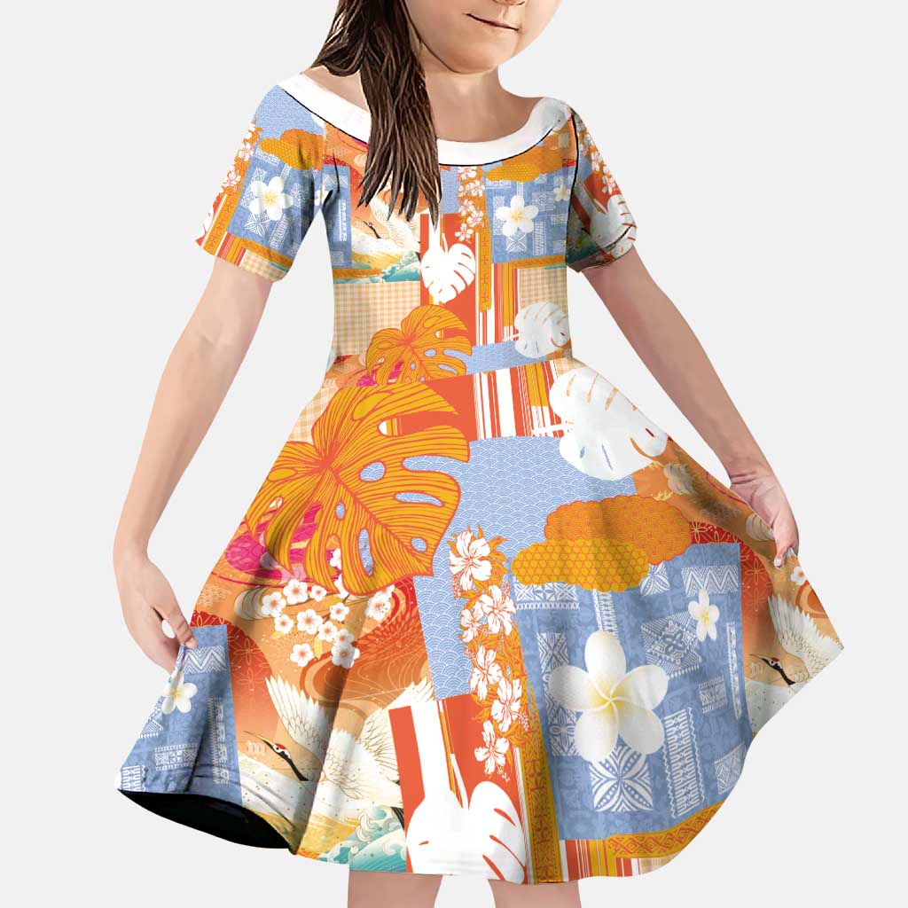 Hawaiian and Japanese Culture Together Family Matching Short Sleeve Bodycon Dress and Hawaiian Shirt Palaka Japanese Art and Tropical Motif Tribal Patchwork