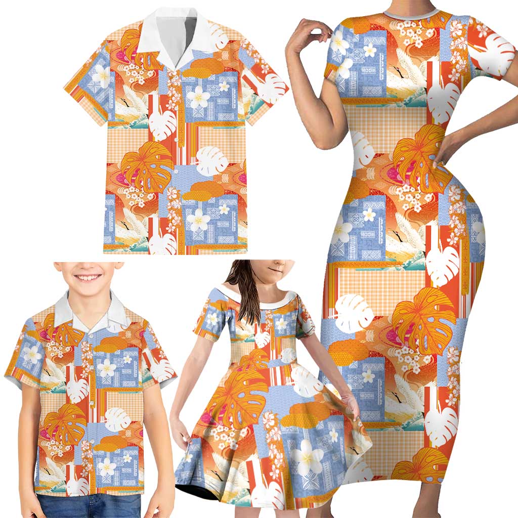 Hawaiian and Japanese Culture Together Family Matching Short Sleeve Bodycon Dress and Hawaiian Shirt Palaka Japanese Art and Tropical Motif Tribal Patchwork