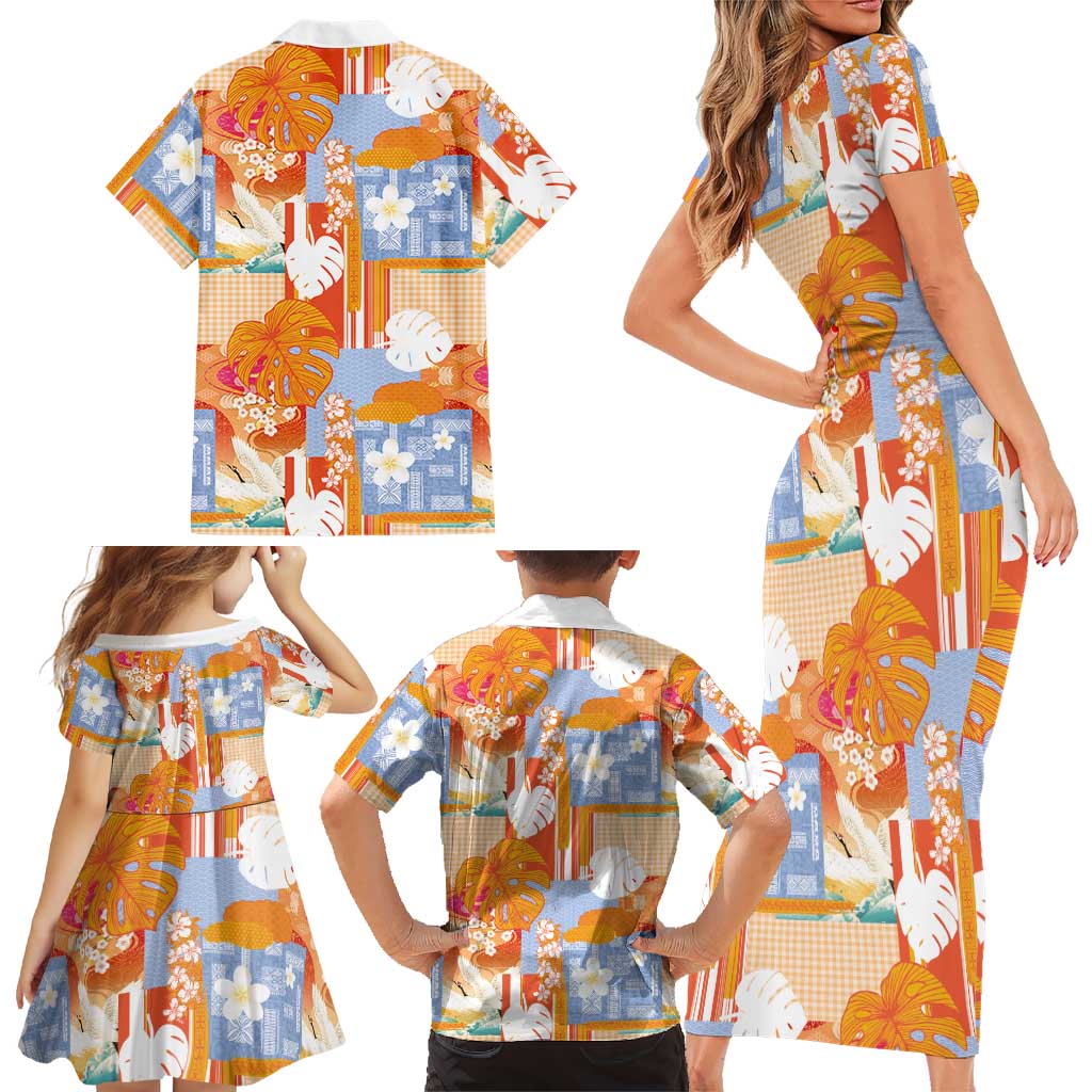 Hawaiian and Japanese Culture Together Family Matching Short Sleeve Bodycon Dress and Hawaiian Shirt Palaka Japanese Art and Tropical Motif Tribal Patchwork