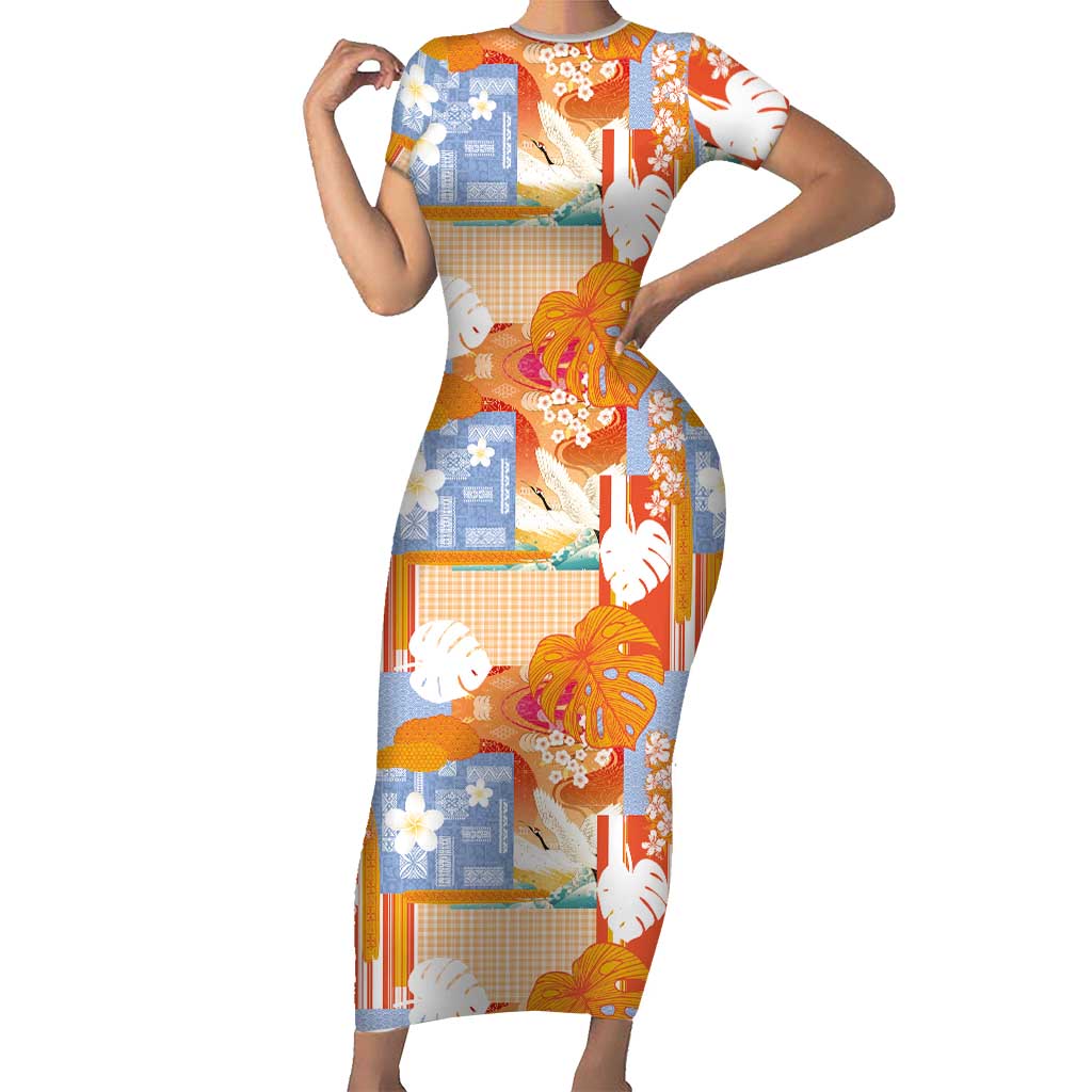 Hawaiian and Japanese Culture Together Family Matching Short Sleeve Bodycon Dress and Hawaiian Shirt Palaka Japanese Art and Tropical Motif Tribal Patchwork