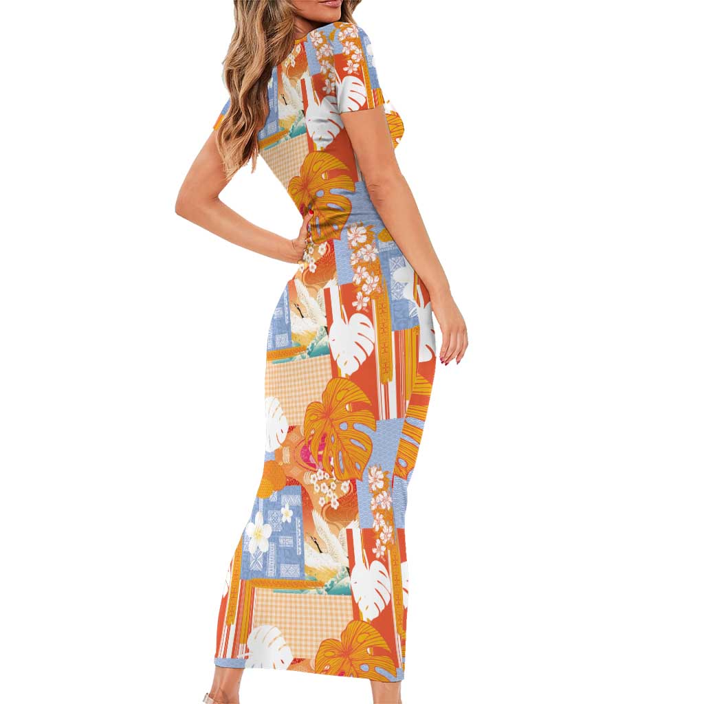 Hawaiian and Japanese Culture Together Family Matching Short Sleeve Bodycon Dress and Hawaiian Shirt Palaka Japanese Art and Tropical Motif Tribal Patchwork