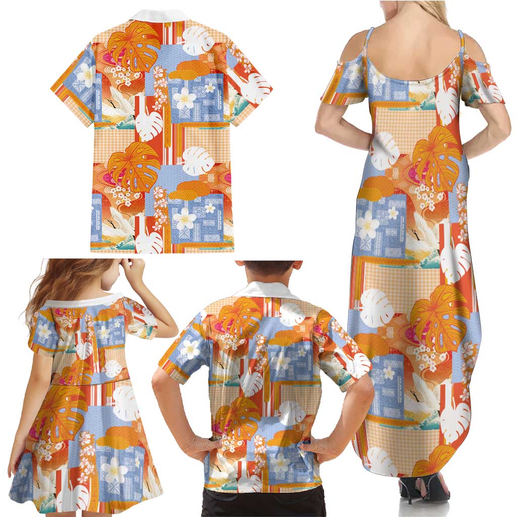 Hawaiian and Japanese Culture Together Family Matching Summer Maxi Dress and Hawaiian Shirt Palaka Japanese Art and Tropical Motif Tribal Patchwork
