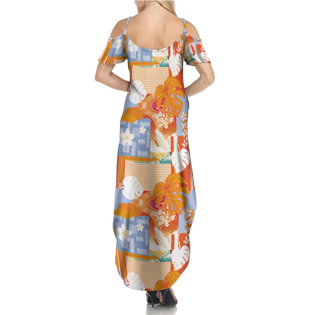 Hawaiian and Japanese Culture Together Family Matching Summer Maxi Dress and Hawaiian Shirt Palaka Japanese Art and Tropical Motif Tribal Patchwork