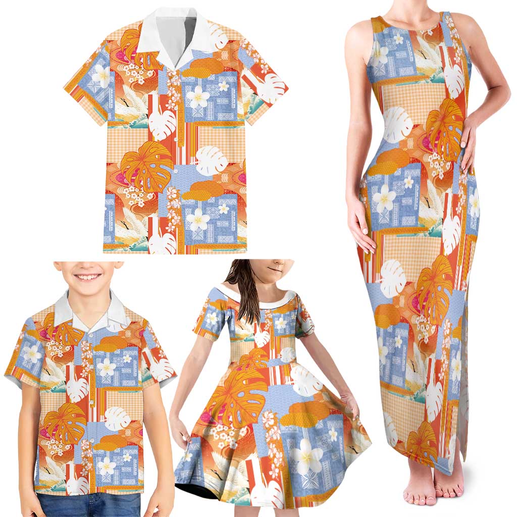 Hawaiian and Japanese Culture Together Family Matching Tank Maxi Dress and Hawaiian Shirt Palaka Japanese Art and Tropical Motif Tribal Patchwork