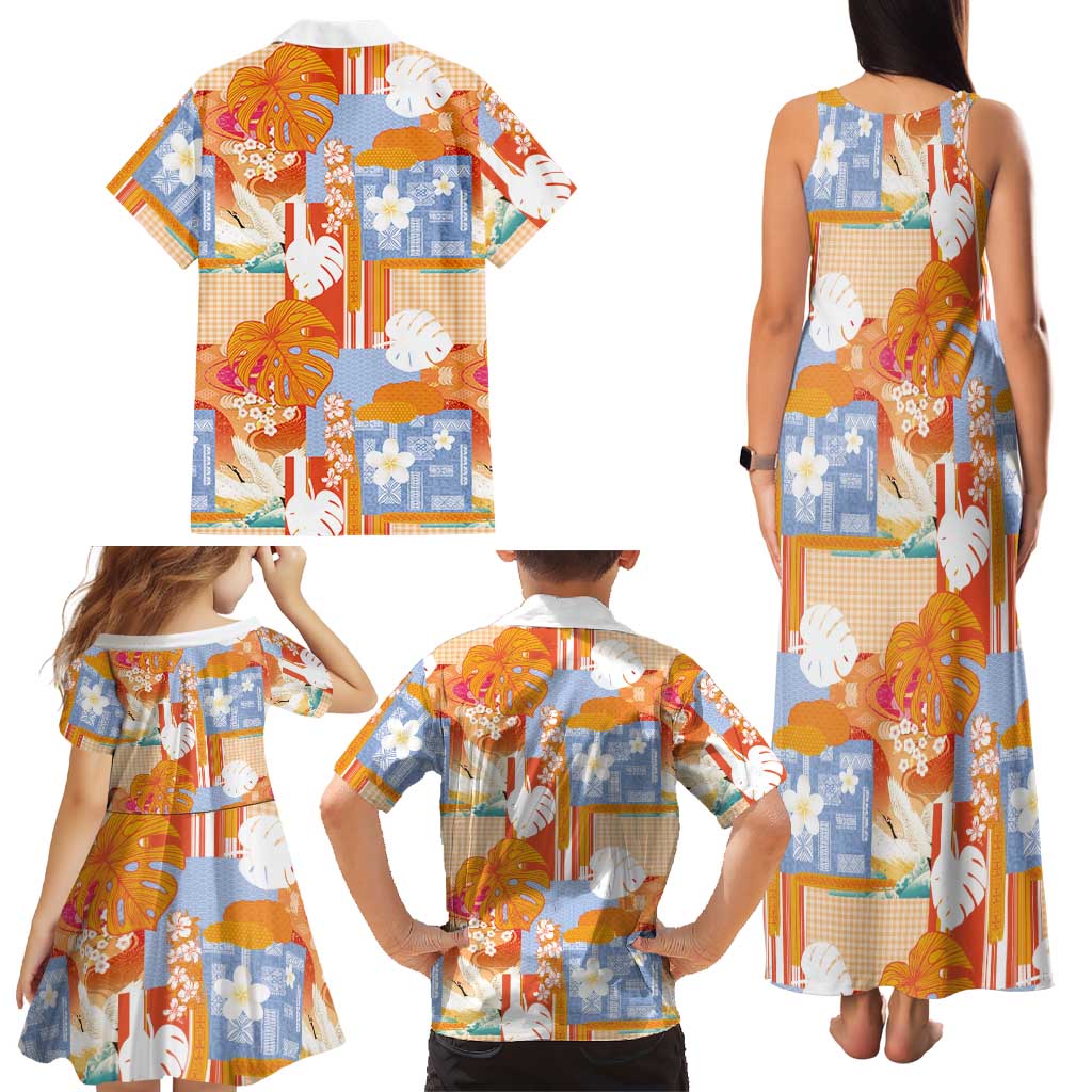 Hawaiian and Japanese Culture Together Family Matching Tank Maxi Dress and Hawaiian Shirt Palaka Japanese Art and Tropical Motif Tribal Patchwork