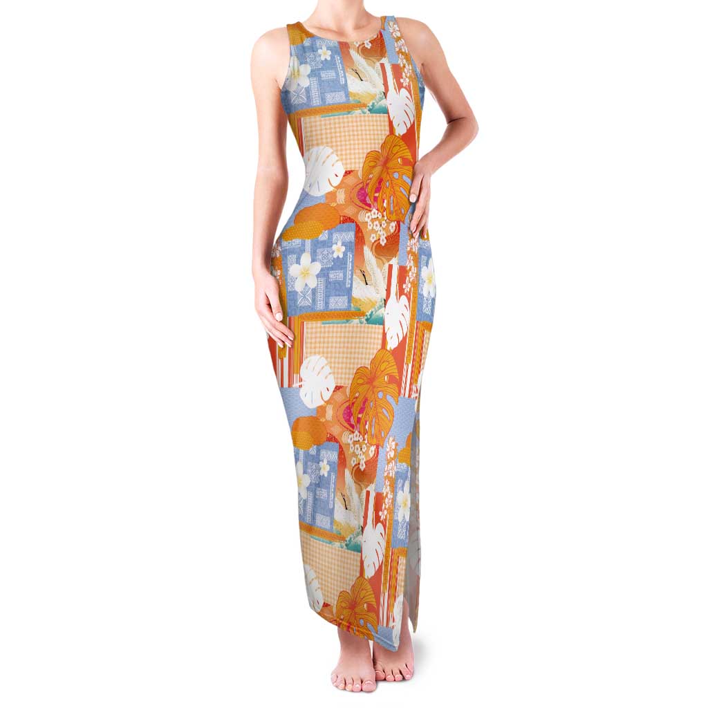 Hawaiian and Japanese Culture Together Family Matching Tank Maxi Dress and Hawaiian Shirt Palaka Japanese Art and Tropical Motif Tribal Patchwork