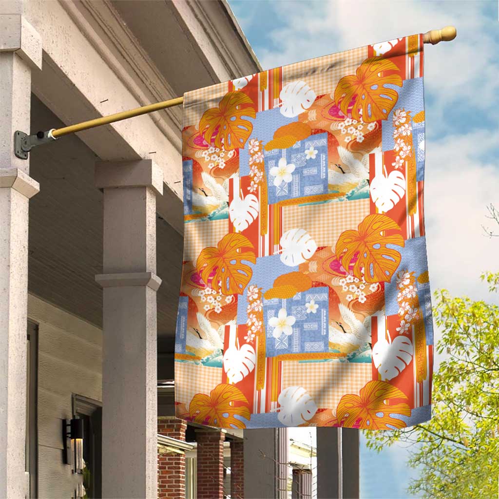 Hawaiian and Japanese Culture Together Garden Flag Palaka Japanese Art and Tropical Motif Tribal Patchwork