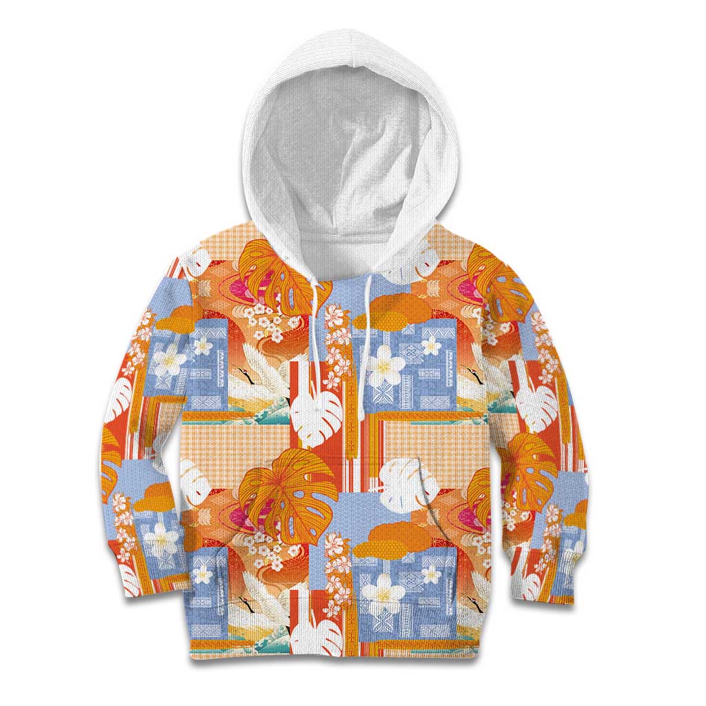 Hawaiian and Japanese Culture Together Kid Hoodie Palaka Japanese Art and Tropical Motif Tribal Patchwork