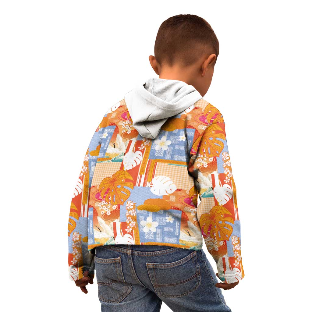 Hawaiian and Japanese Culture Together Kid Hoodie Palaka Japanese Art and Tropical Motif Tribal Patchwork