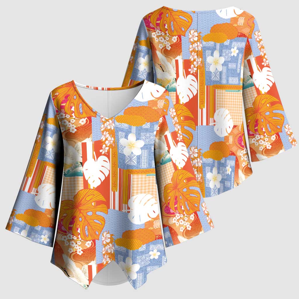Hawaiian and Japanese Culture Together Kimono Sleeve Blouse Palaka Japanese Art and Tropical Motif Tribal Patchwork
