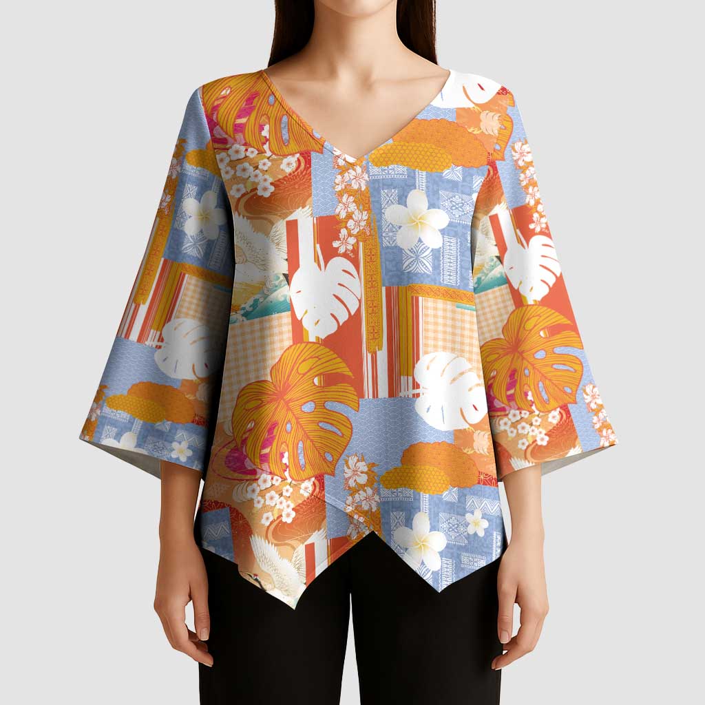 Hawaiian and Japanese Culture Together Kimono Sleeve Blouse Palaka Japanese Art and Tropical Motif Tribal Patchwork