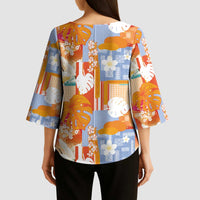 Hawaiian and Japanese Culture Together Kimono Sleeve Blouse Palaka Japanese Art and Tropical Motif Tribal Patchwork