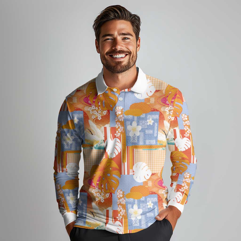 Hawaiian and Japanese Culture Together Long Sleeve Polo Shirt Palaka Japanese Art and Tropical Motif Tribal Patchwork