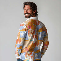 Hawaiian and Japanese Culture Together Long Sleeve Polo Shirt Palaka Japanese Art and Tropical Motif Tribal Patchwork