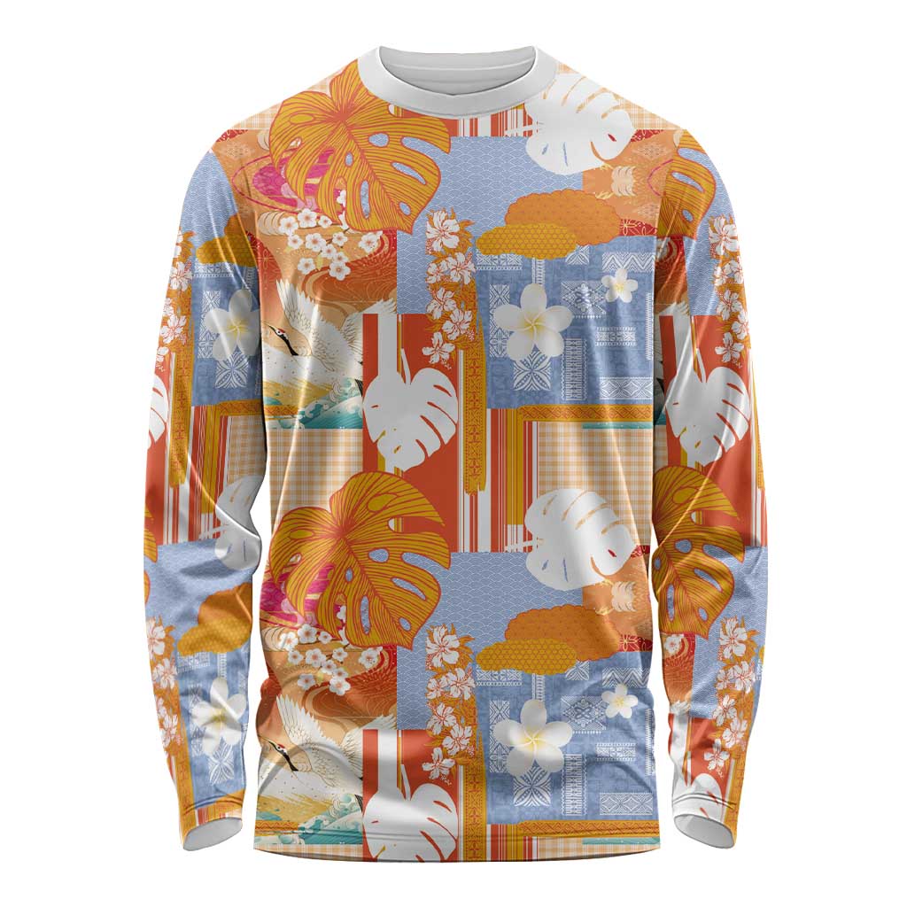 Hawaiian and Japanese Culture Together Long Sleeve Shirt Palaka Japanese Art and Tropical Motif Tribal Patchwork
