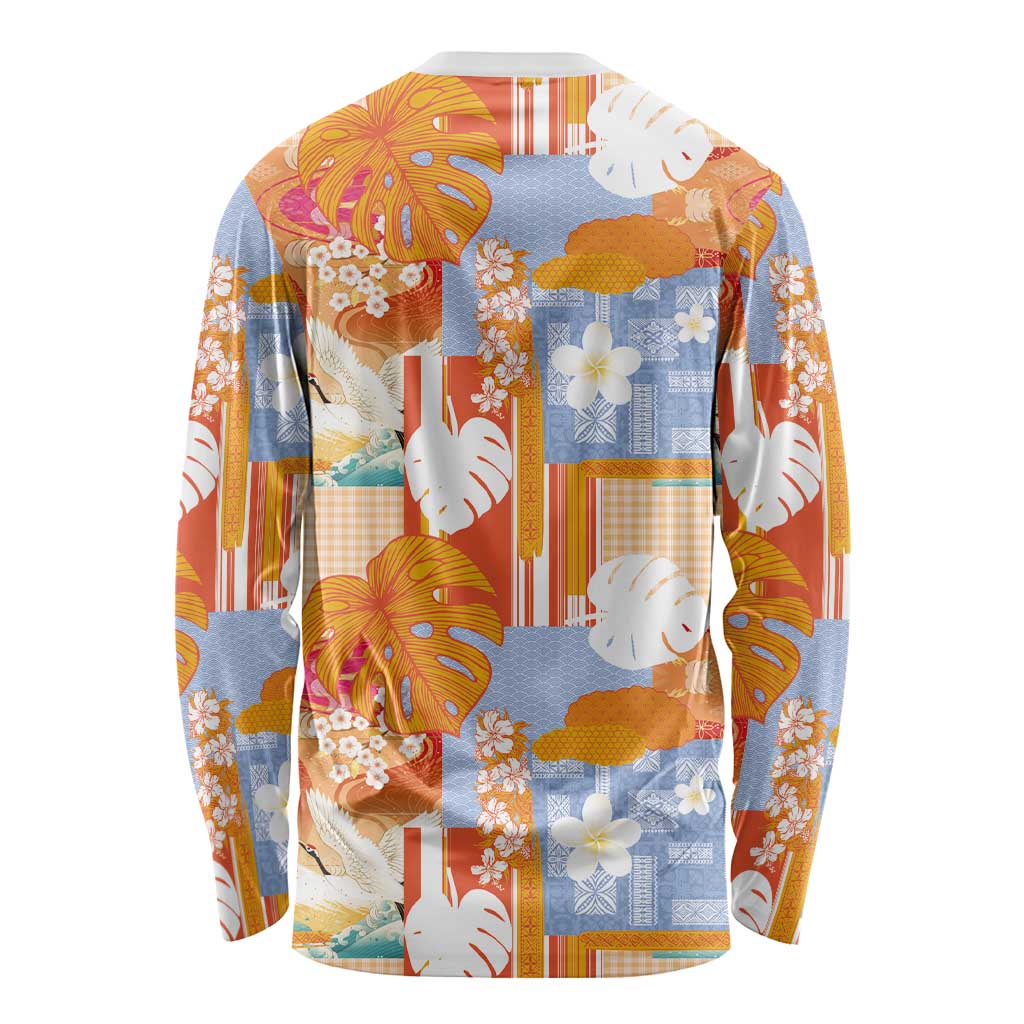 Hawaiian and Japanese Culture Together Long Sleeve Shirt Palaka Japanese Art and Tropical Motif Tribal Patchwork
