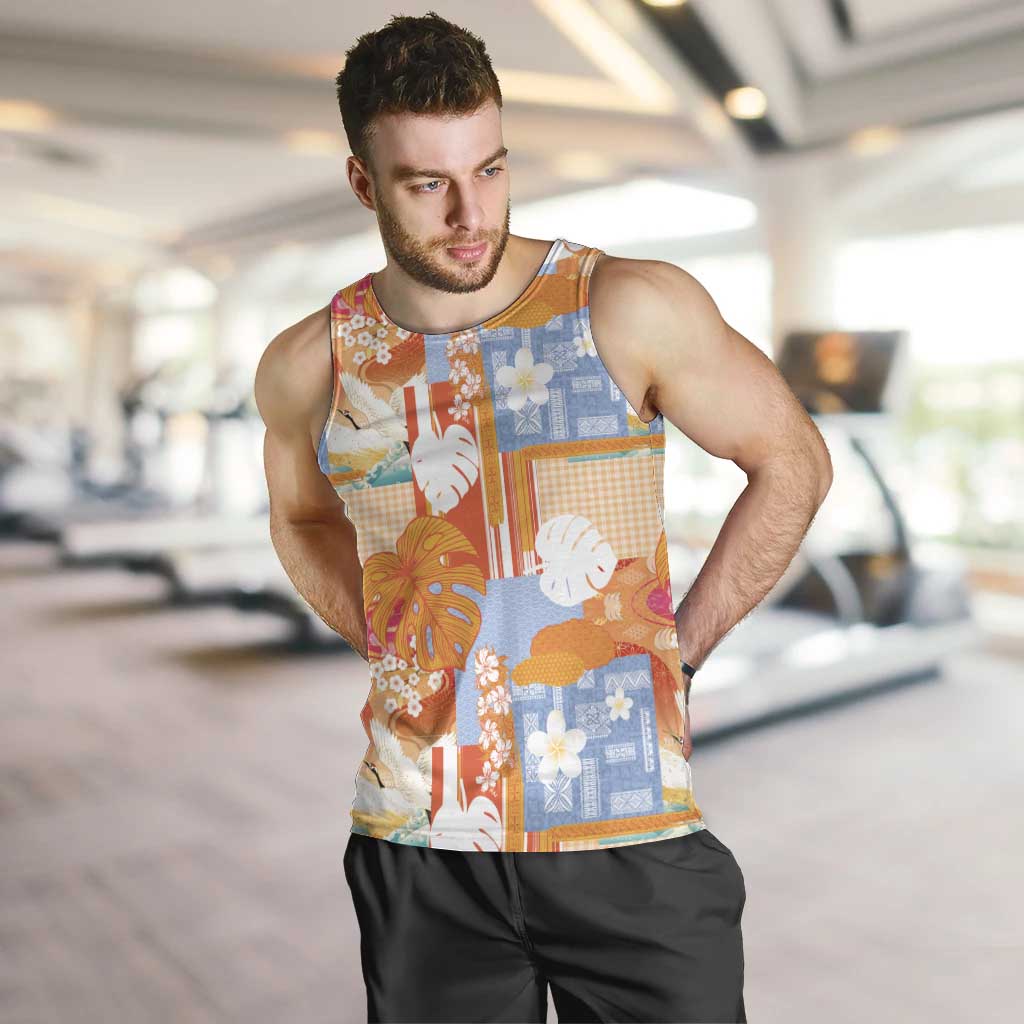 Hawaiian and Japanese Culture Together Men Tank Top Palaka Japanese Art and Tropical Motif Tribal Patchwork LT03 Multicolor - Polynesian Pride