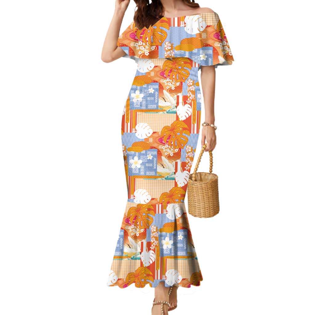 Hawaiian and Japanese Culture Together Mermaid Dress Palaka Japanese Art and Tropical Motif Tribal Patchwork LT03 Women Multicolor - Polynesian Pride