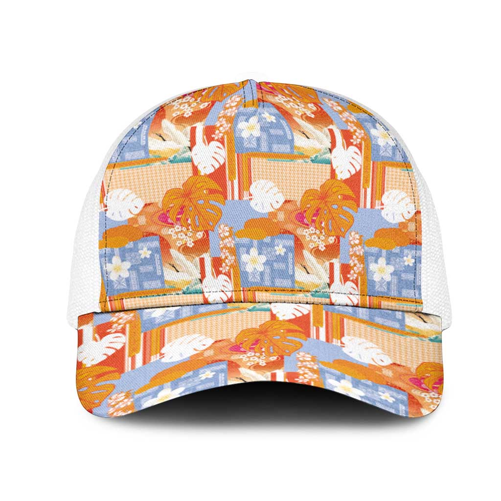 Hawaiian and Japanese Culture Together Mesh Trucker Cap Palaka Japanese Art and Tropical Motif Tribal Patchwork