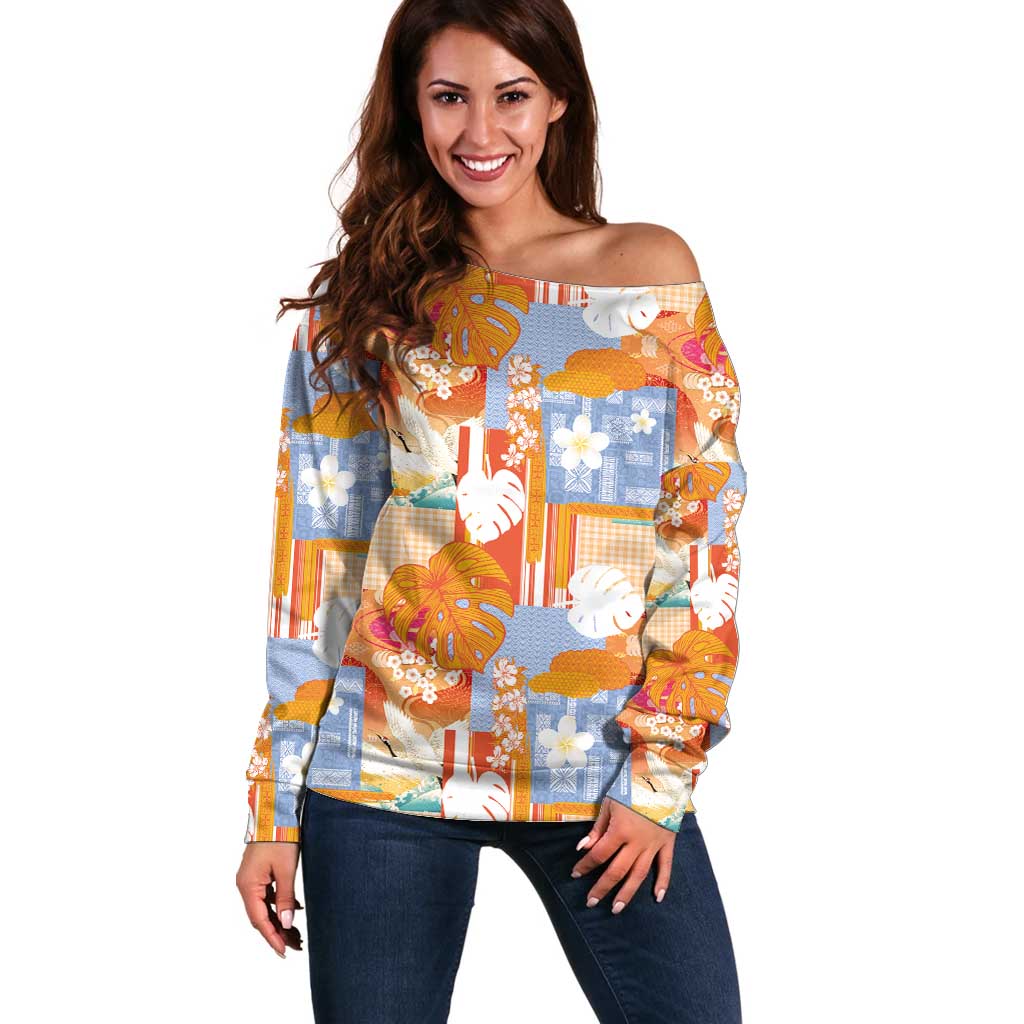 Hawaiian and Japanese Culture Together Off Shoulder Sweater Palaka Japanese Art and Tropical Motif Tribal Patchwork LT03 Women Multicolor - Polynesian Pride