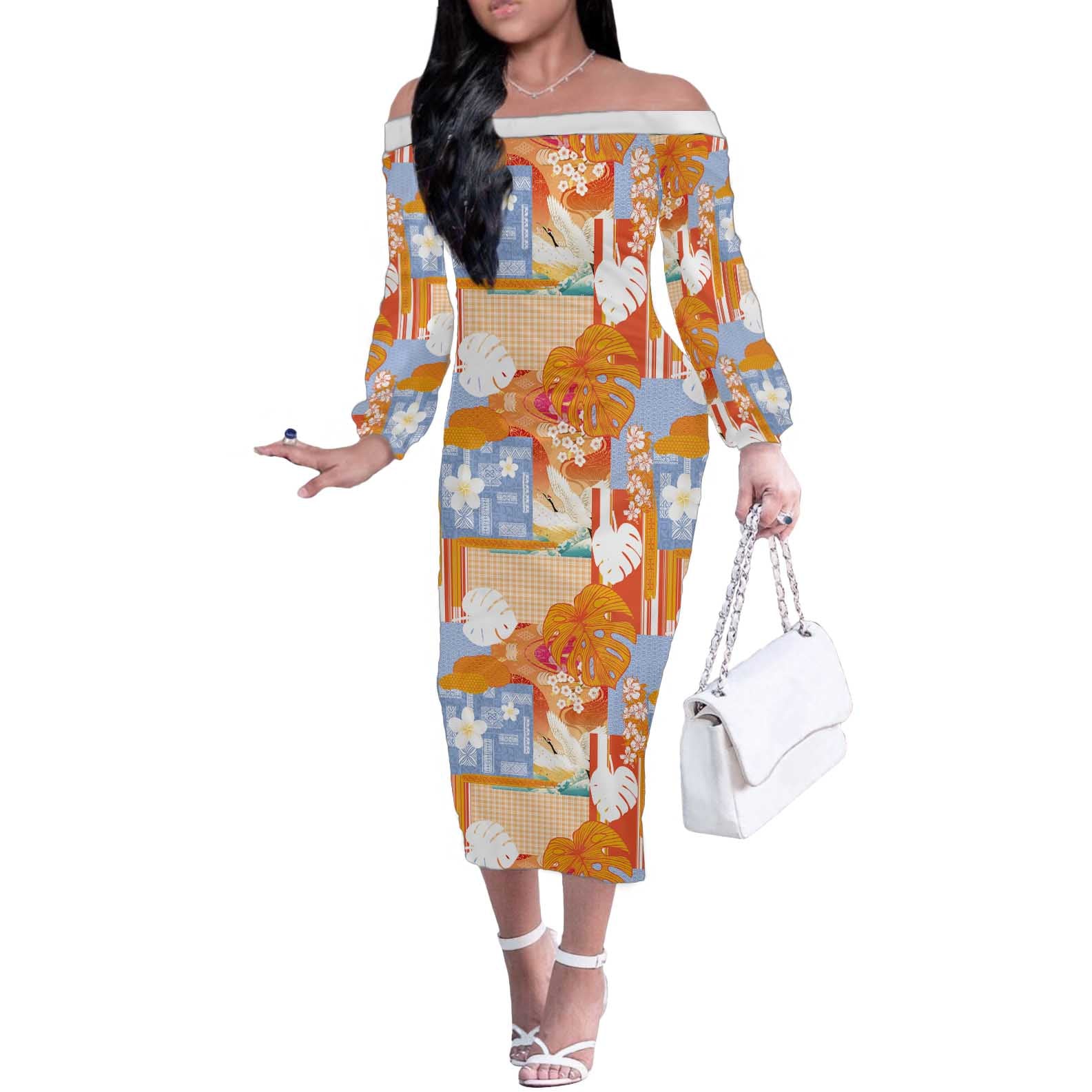 Hawaiian and Japanese Culture Together Off The Shoulder Long Sleeve Dress Palaka Japanese Art and Tropical Motif Tribal Patchwork