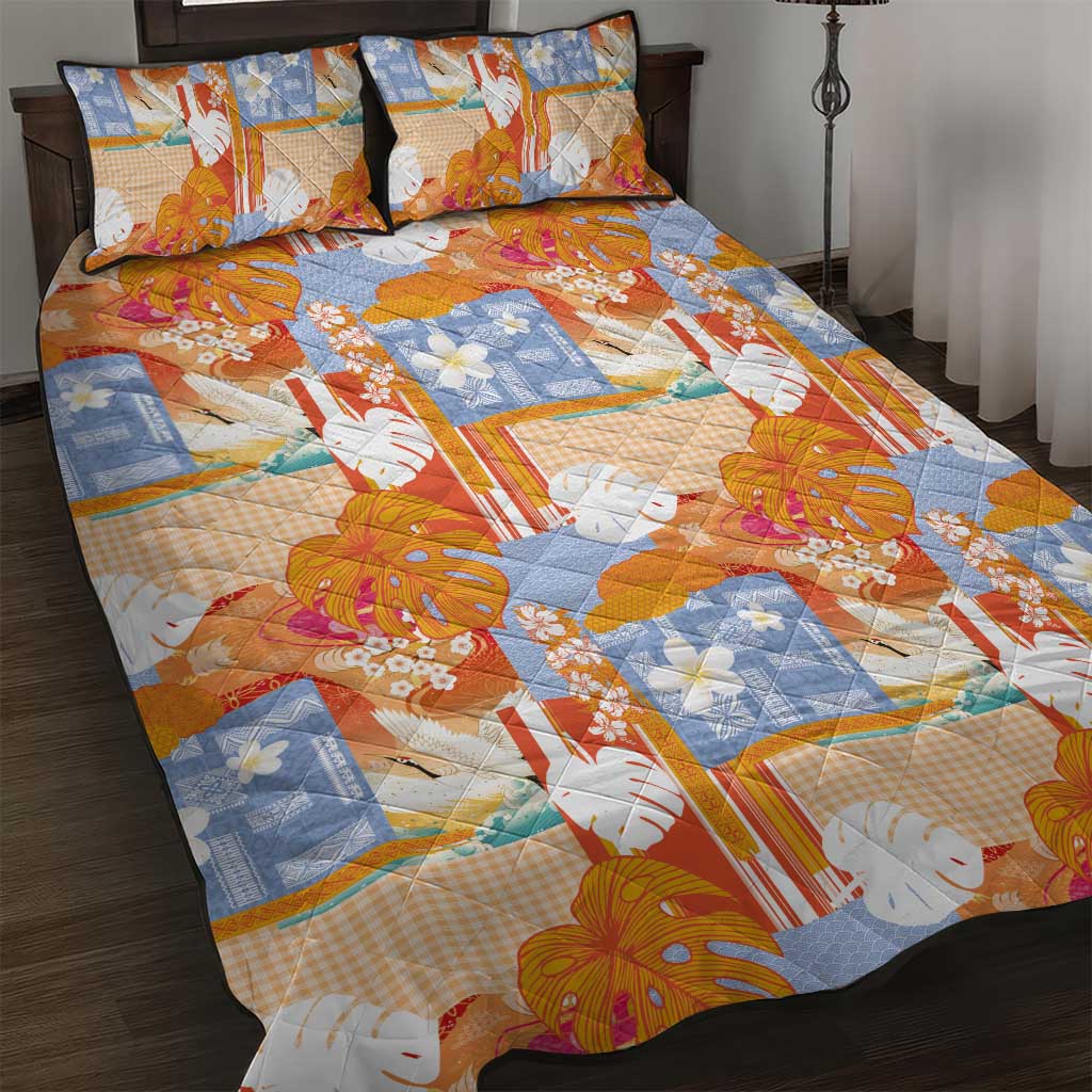 Hawaiian and Japanese Culture Together Quilt Bed Set Palaka Japanese Art and Tropical Motif Tribal Patchwork