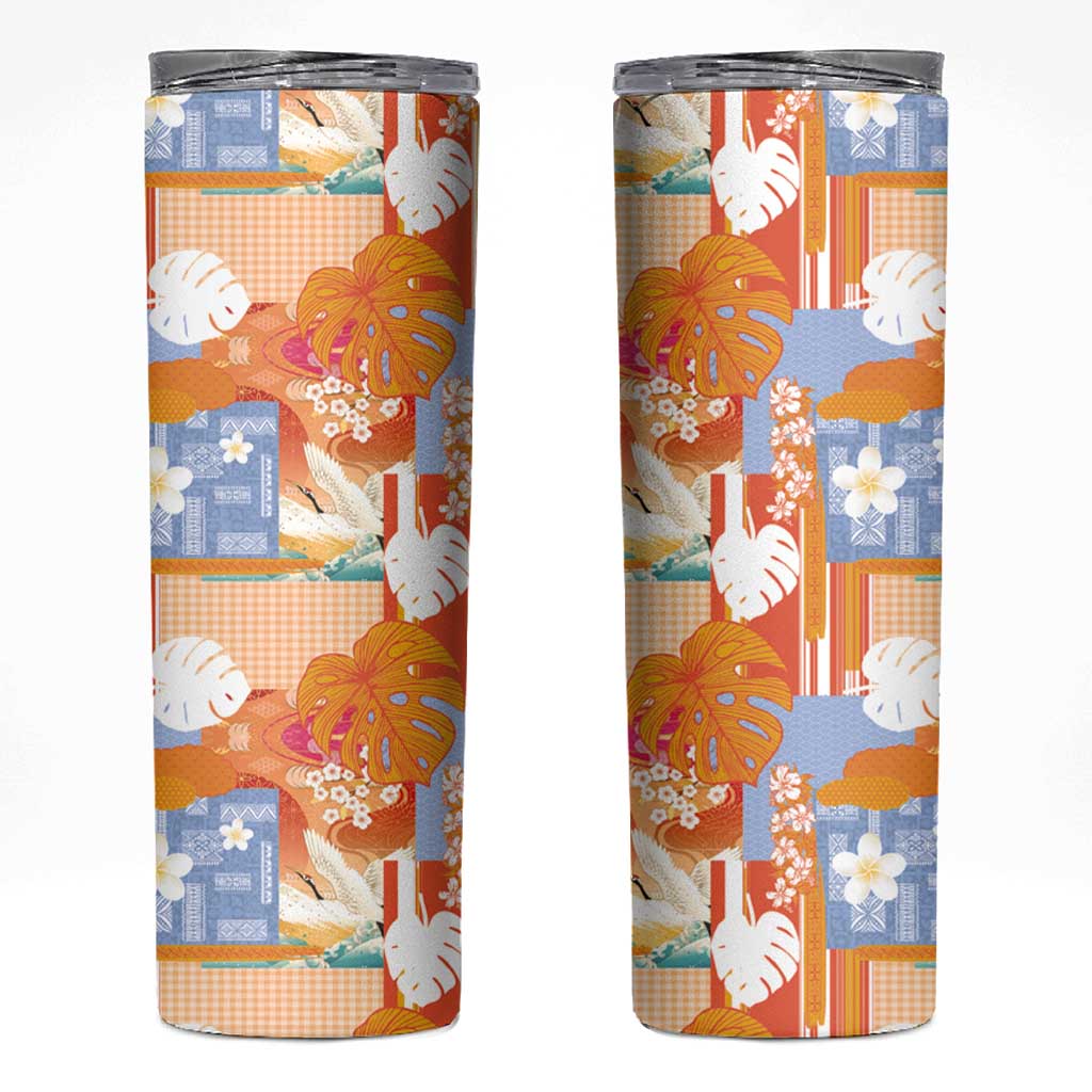 Hawaiian and Japanese Culture Together Skinny Tumbler Palaka Japanese Art and Tropical Motif Tribal Patchwork
