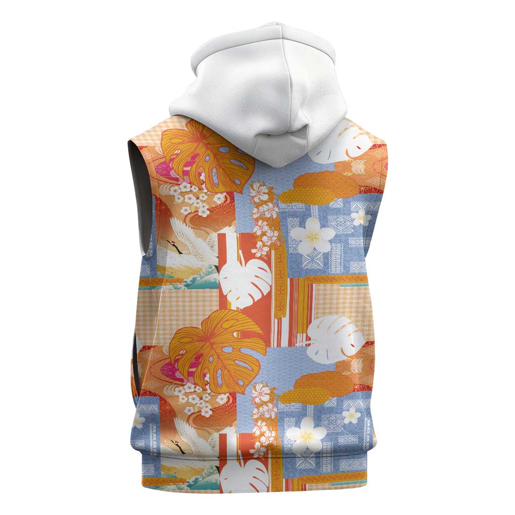 Hawaiian and Japanese Culture Together Sleeveless Zip Hoodie Palaka Japanese Art and Tropical Motif Tribal Patchwork