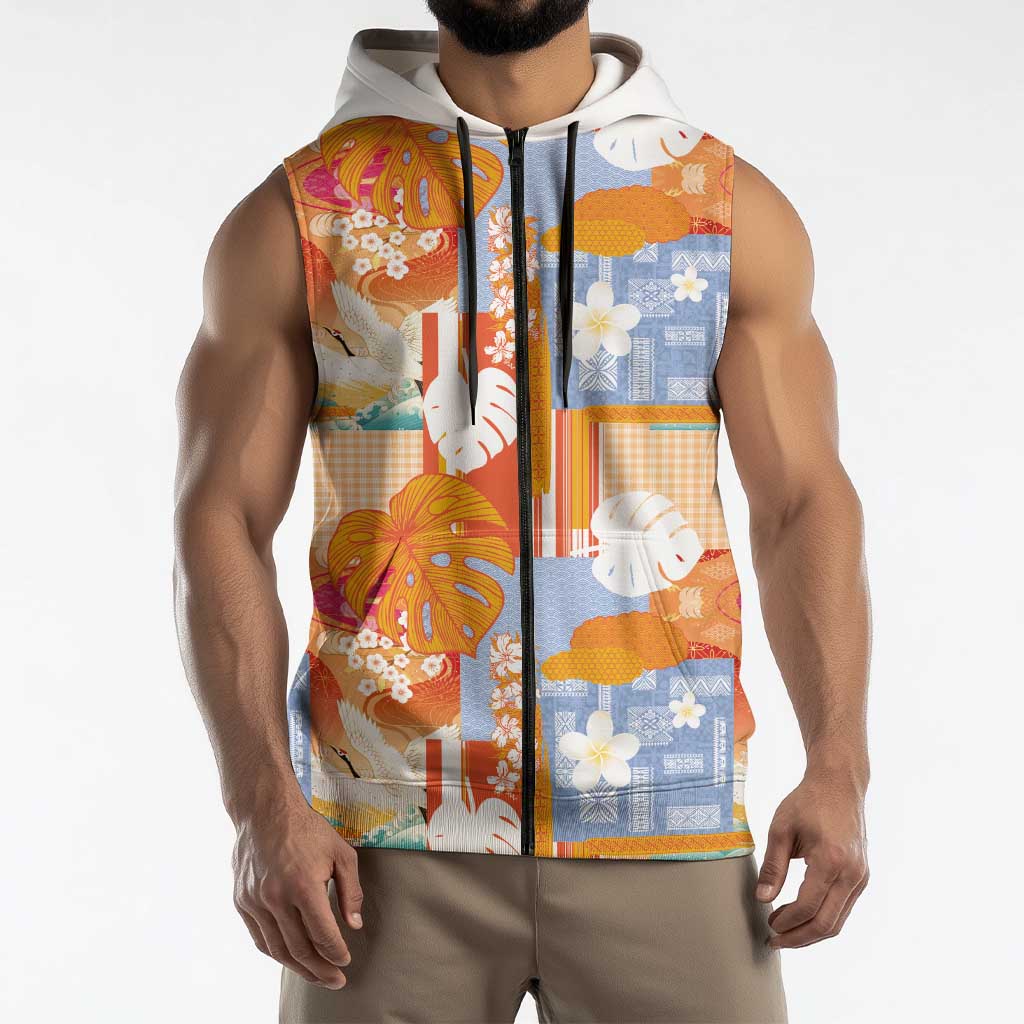 Hawaiian and Japanese Culture Together Sleeveless Zip Hoodie Palaka Japanese Art and Tropical Motif Tribal Patchwork