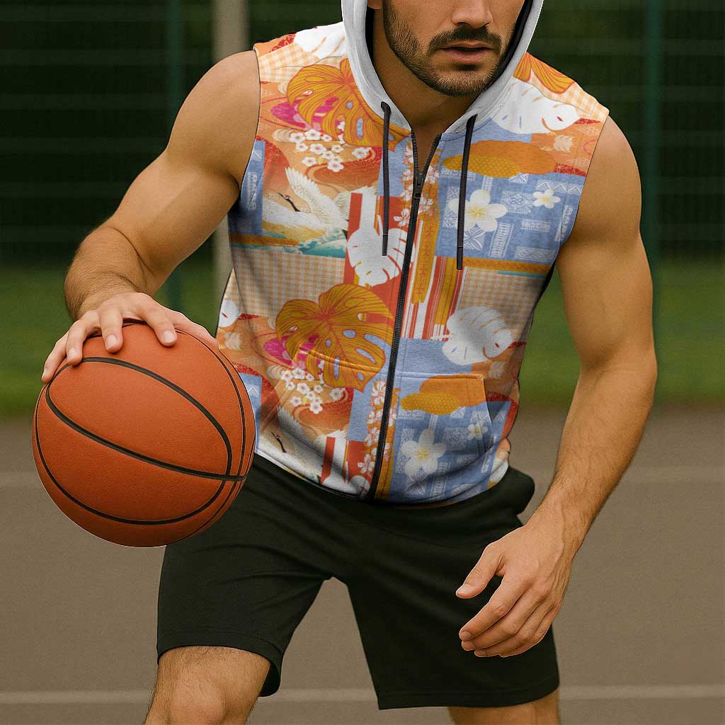 Hawaiian and Japanese Culture Together Sleeveless Zip Hoodie Palaka Japanese Art and Tropical Motif Tribal Patchwork