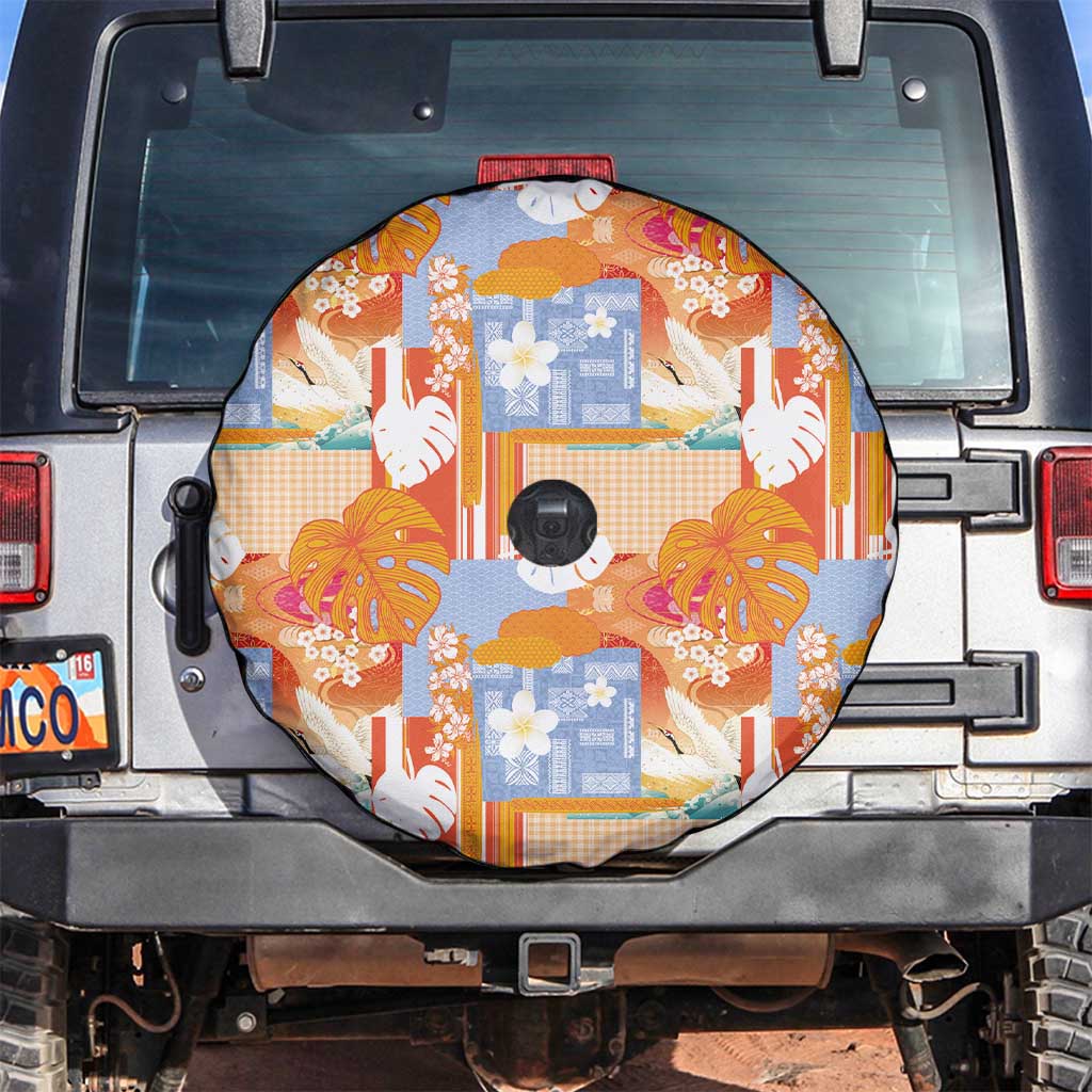 Hawaiian and Japanese Culture Together Spare Tire Cover Palaka Japanese Art and Tropical Motif Tribal Patchwork