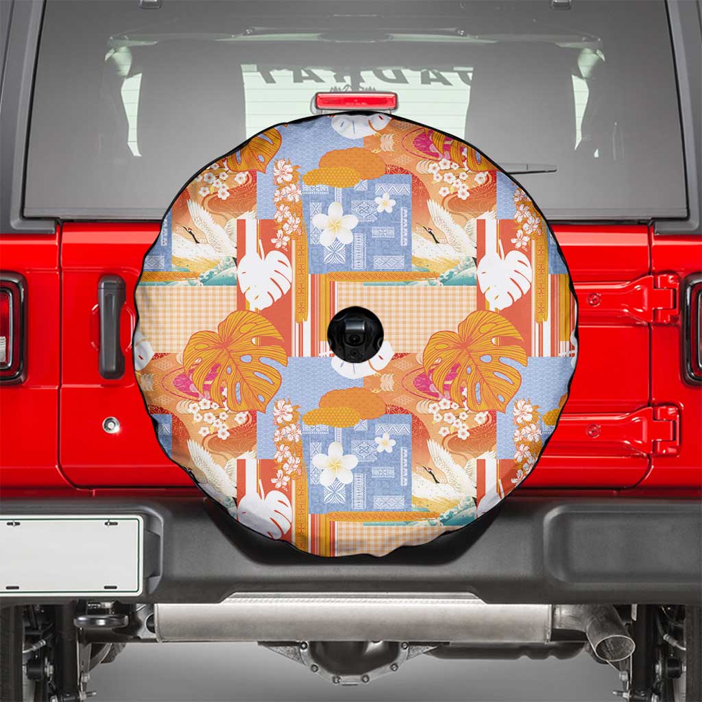 Hawaiian and Japanese Culture Together Spare Tire Cover Palaka Japanese Art and Tropical Motif Tribal Patchwork
