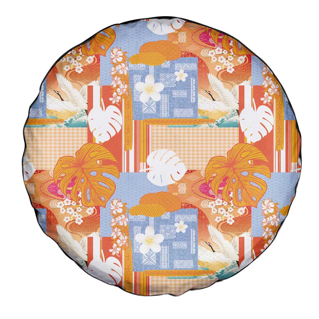 Hawaiian and Japanese Culture Together Spare Tire Cover Palaka Japanese Art and Tropical Motif Tribal Patchwork