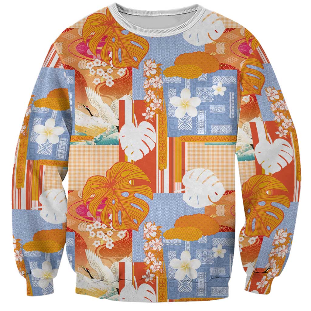 Hawaiian and Japanese Culture Together Sweatshirt Palaka Japanese Art and Tropical Motif Tribal Patchwork LT03 Unisex Multicolor - Polynesian Pride