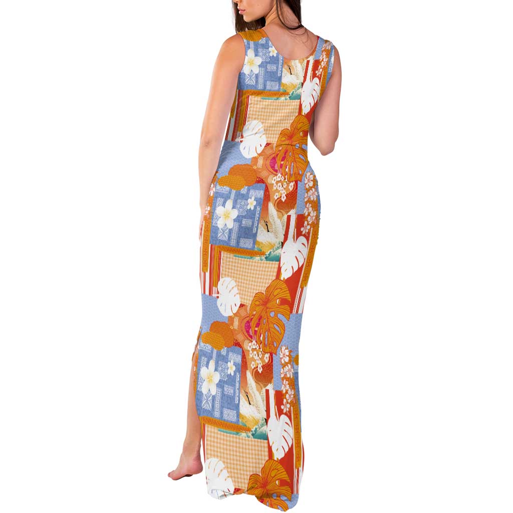 Hawaiian and Japanese Culture Together Tank Maxi Dress Palaka Japanese Art and Tropical Motif Tribal Patchwork